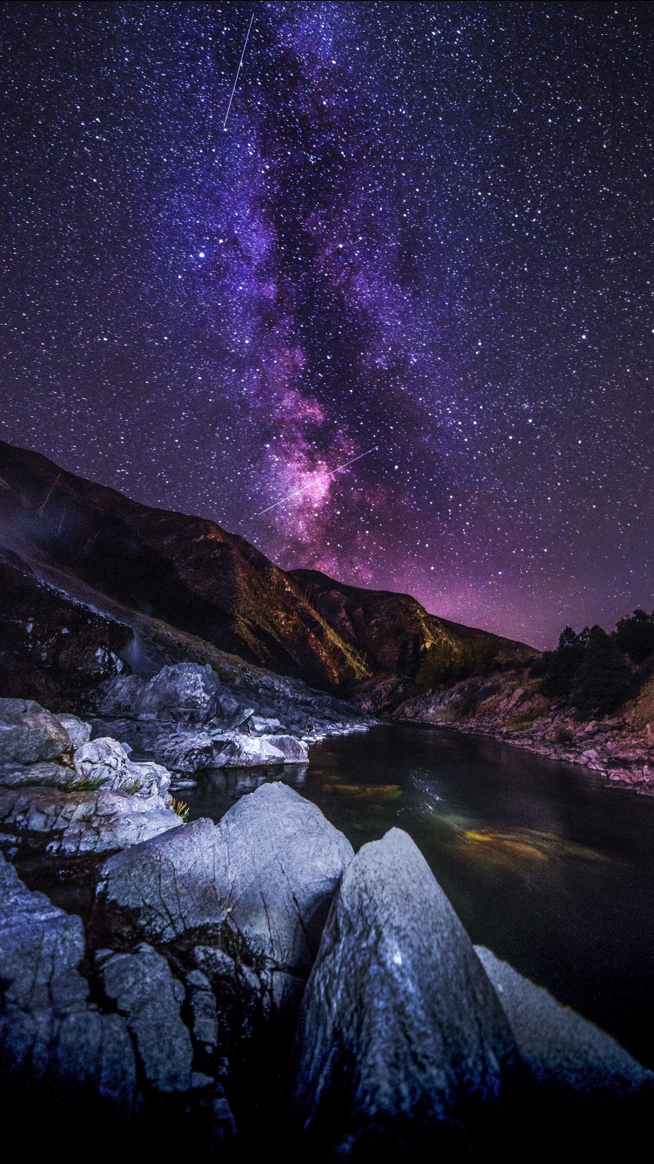 Starry sky, mountains, river, night, 2160x3840 wallpaper
