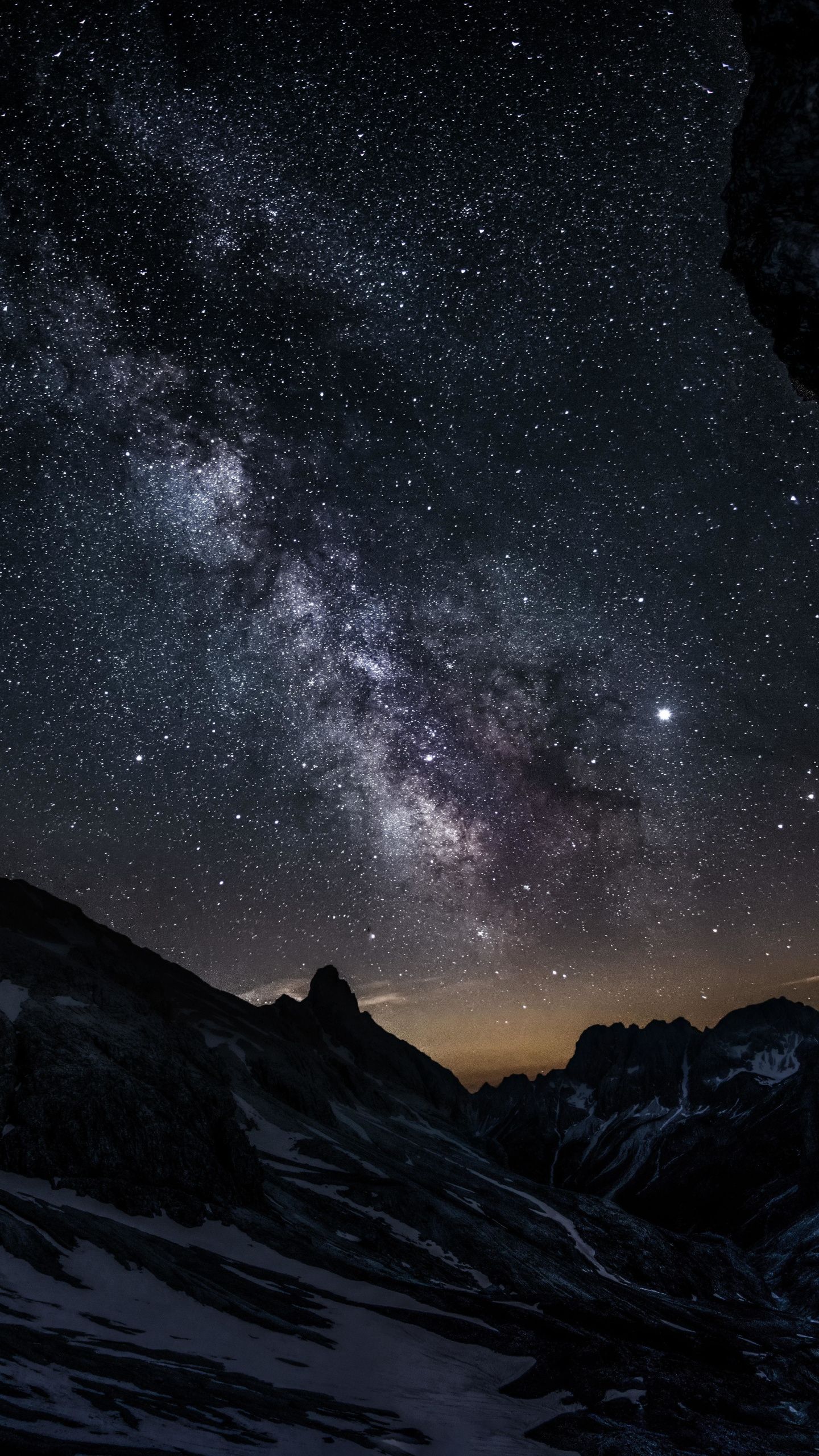 Valley, mountain, night, starry sky, 1440x2560 wallpaper