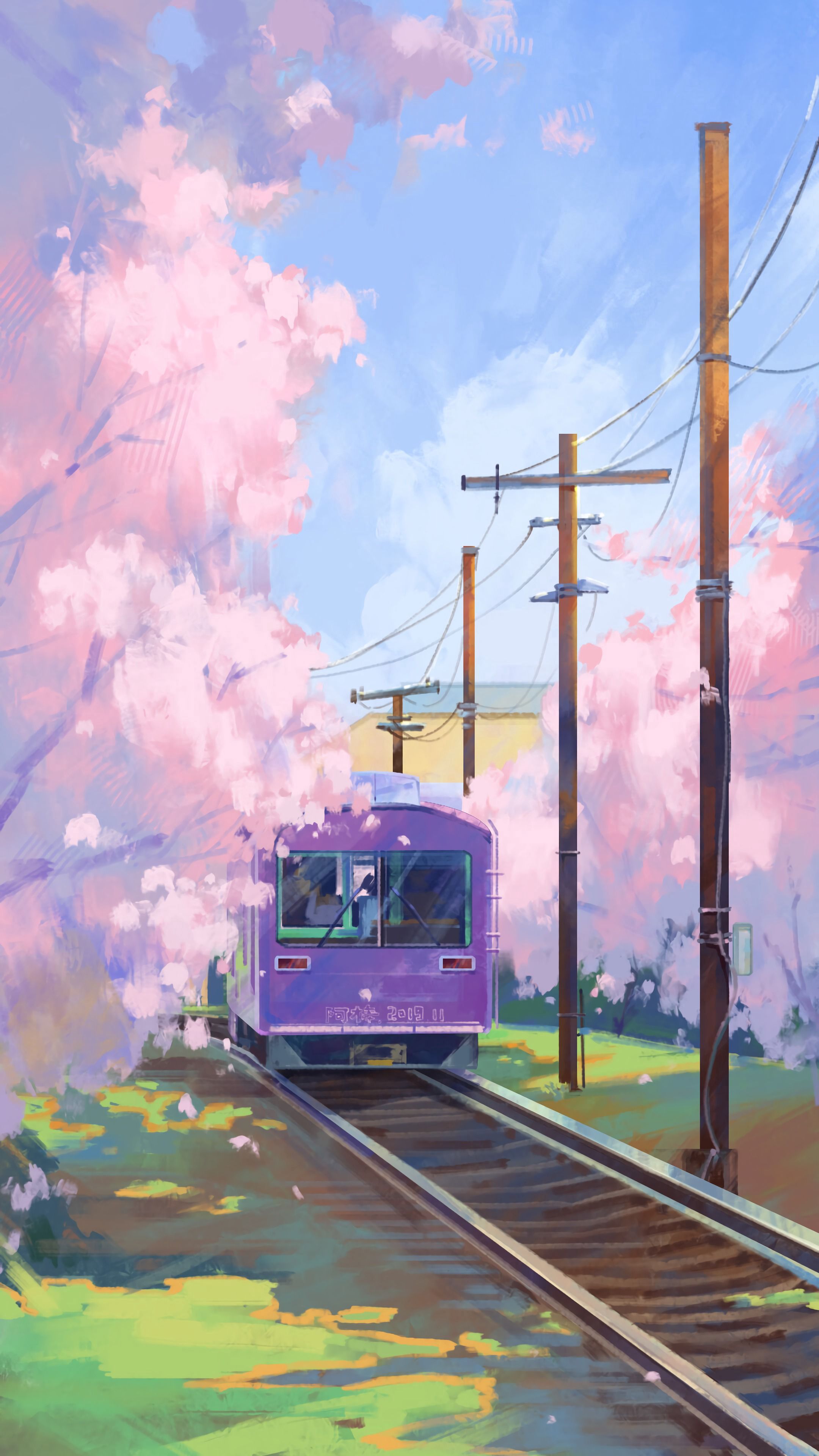 Download wallpaper 2160x3840 train, rails, paint, art hd background
