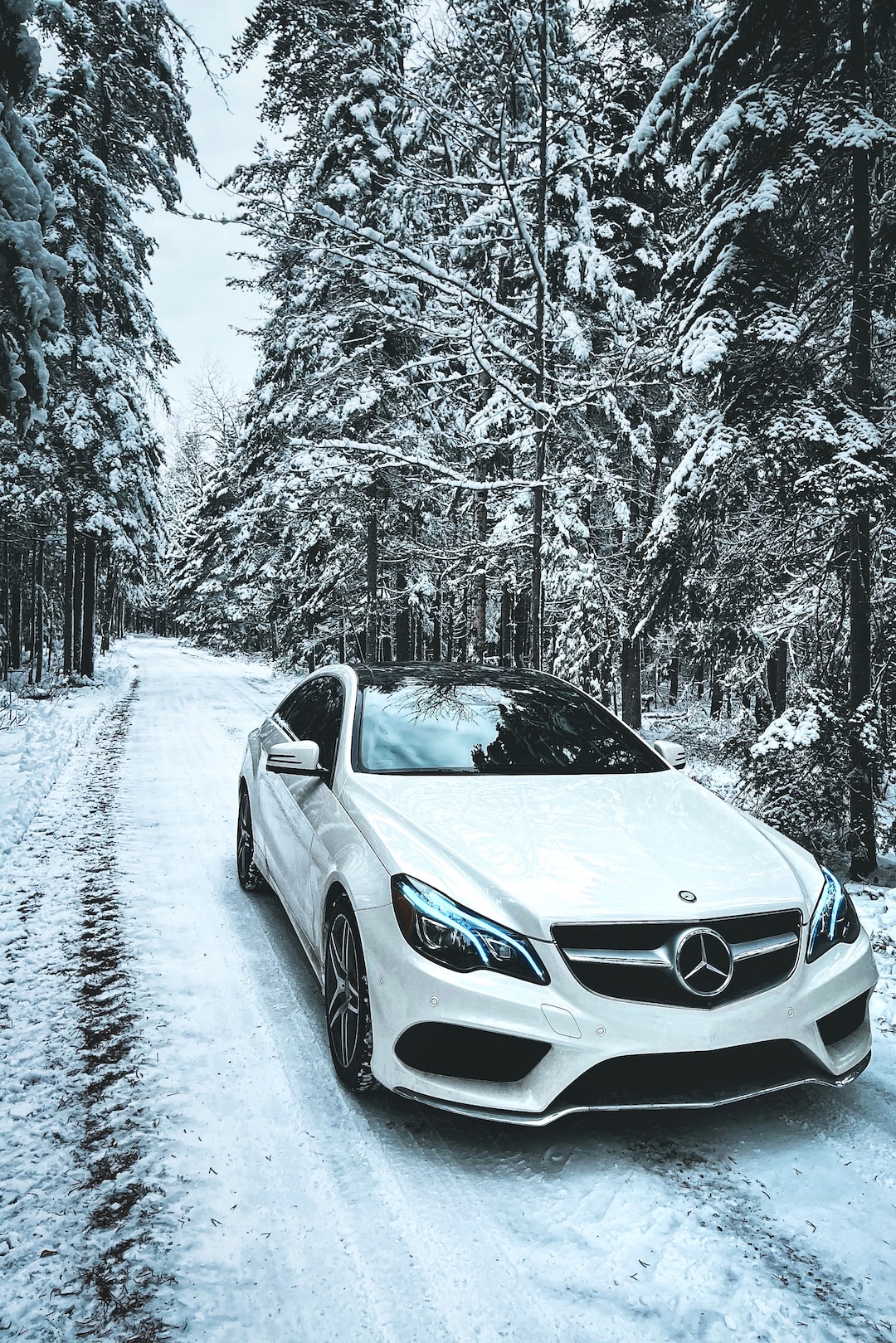 Mercedes-Benz E400 Coupe AMG in the woods during Canadian winter