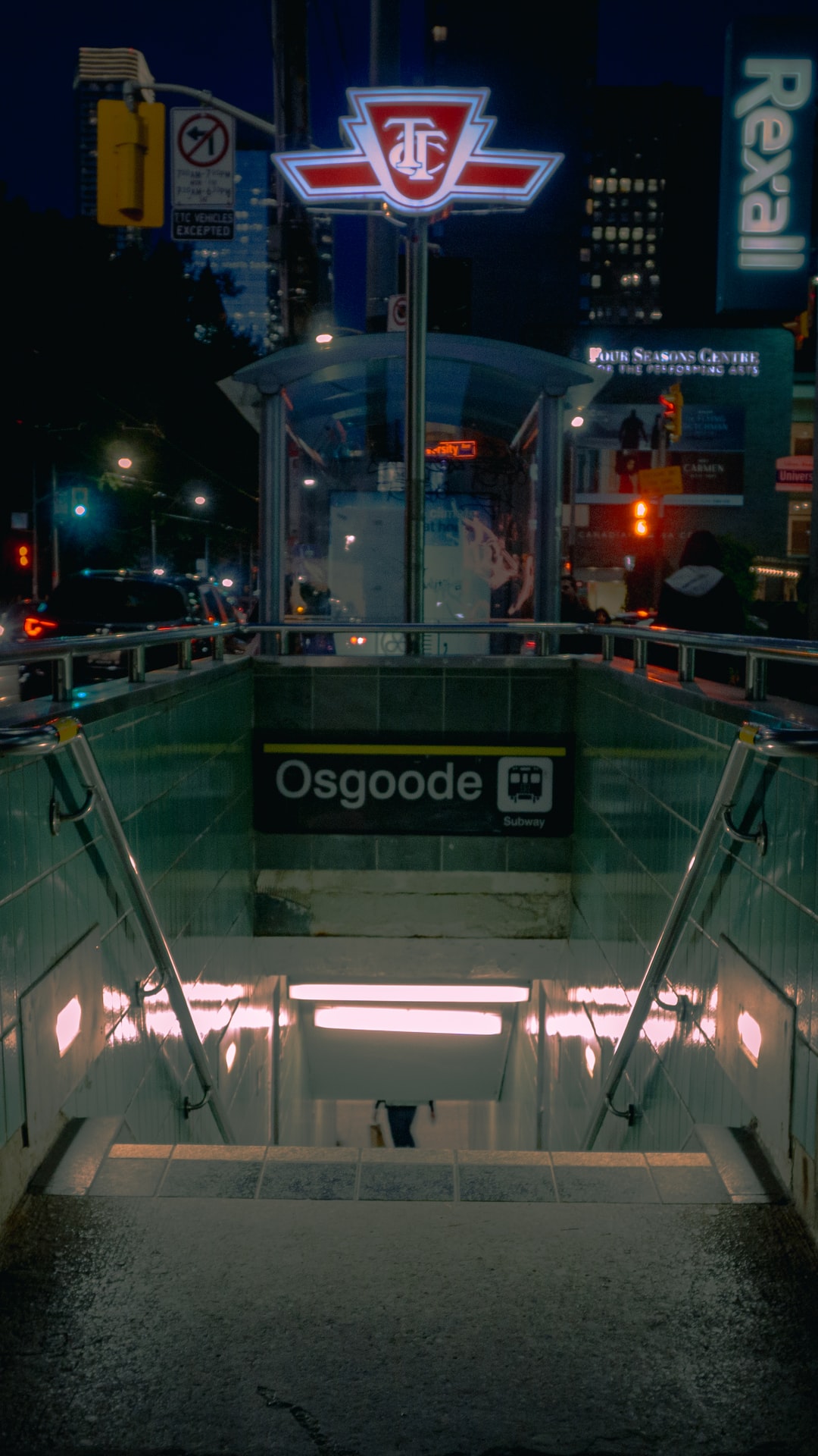 Night time shot of Osgoode station entrance in Toronto