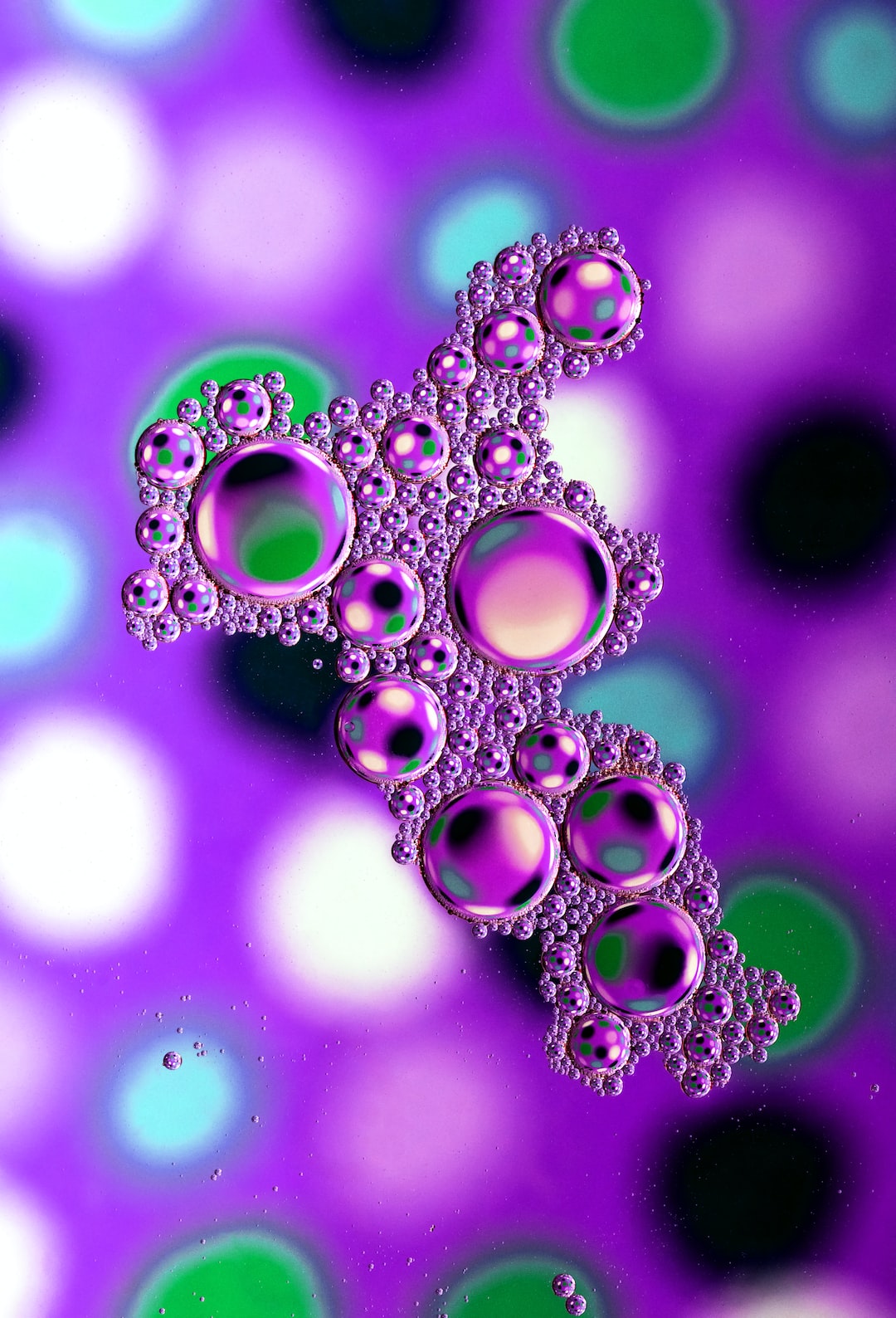 Purple oil drops. Droplets of rice bran oil floating on water above a colourful background.