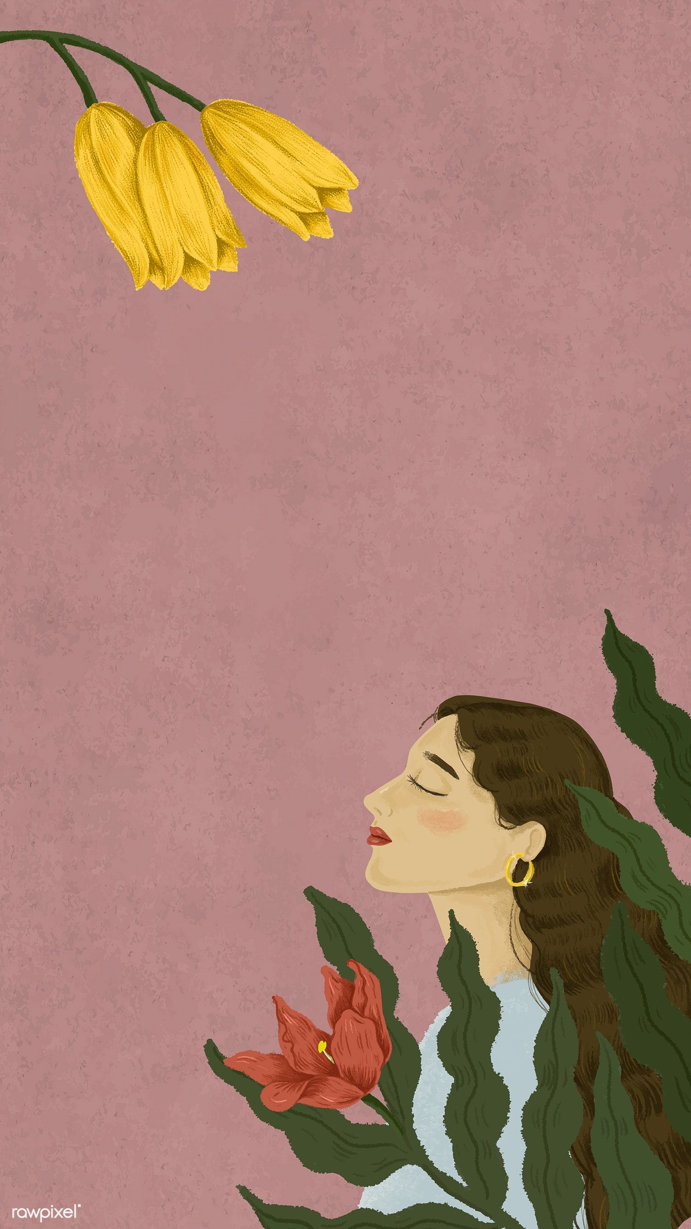 Download premium vector of Botanical woman mobile screen background illustration by Noon about girl hair, lady painting, tulip, yellow background, and girl illustration 1220694