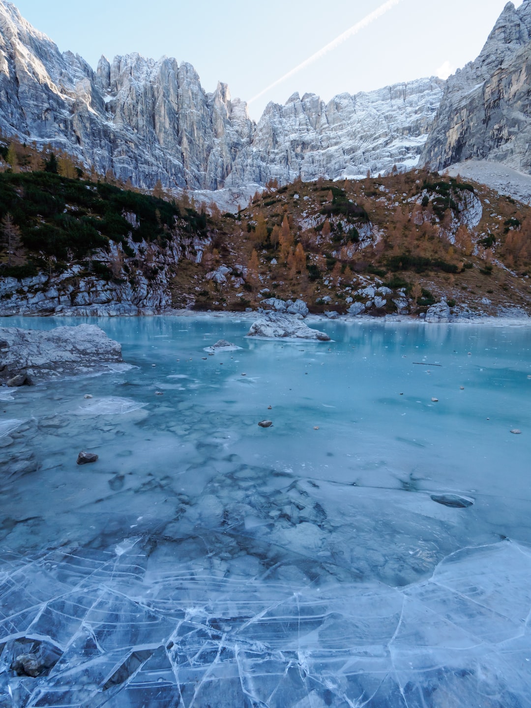 Winter is coming on lake Sorapis. Dolomites