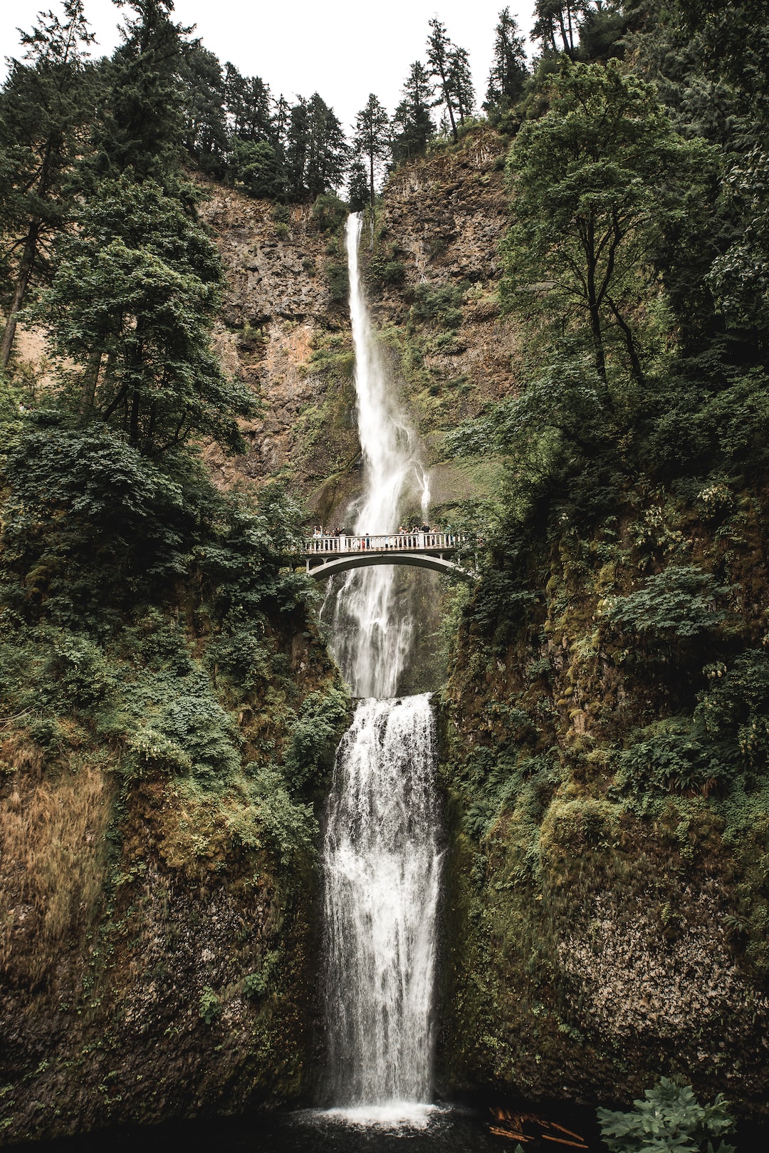 Tourists on a waterfall bridge