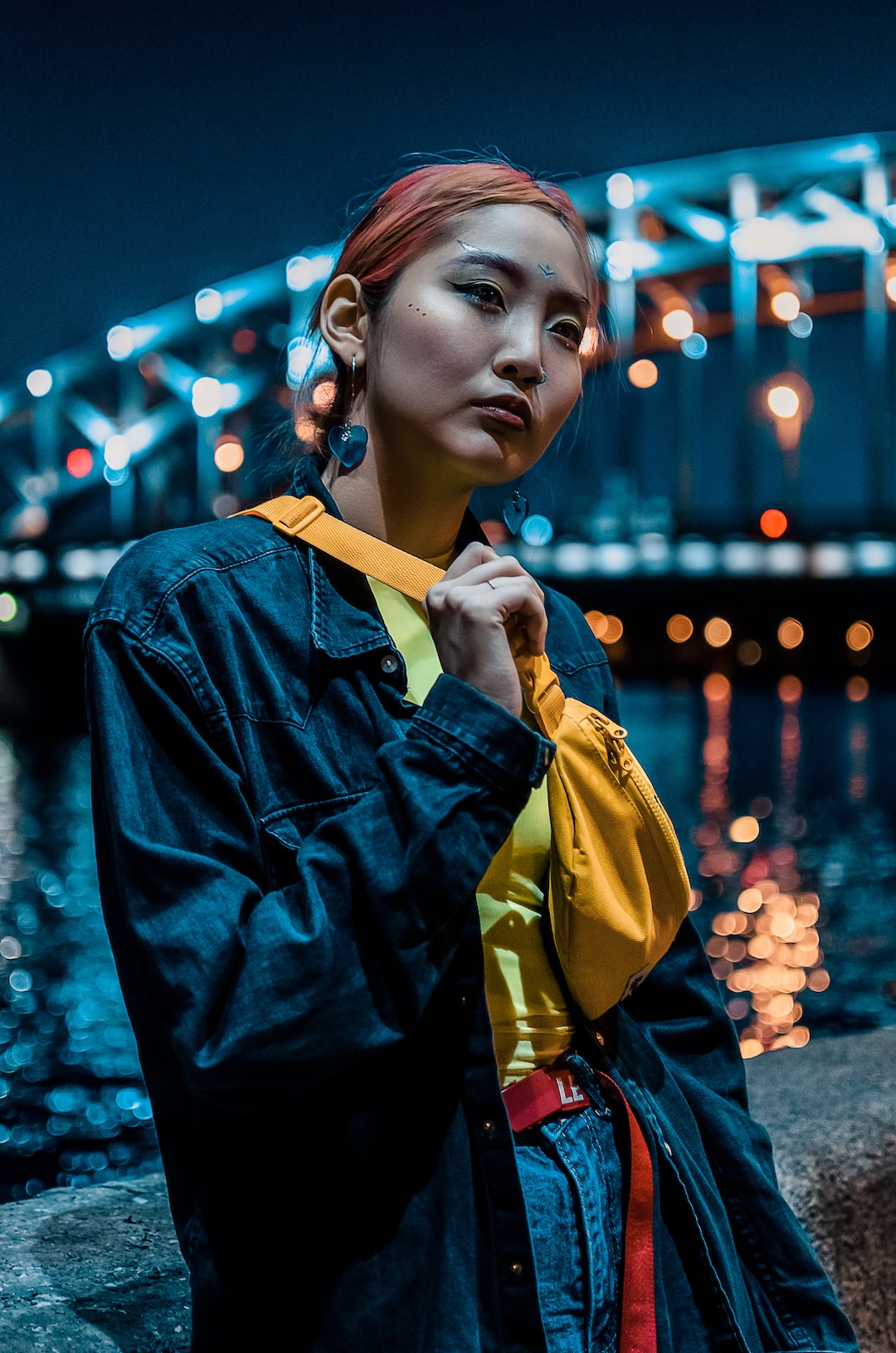 Stephanie on the background of Bolsheokhtinsky bridge