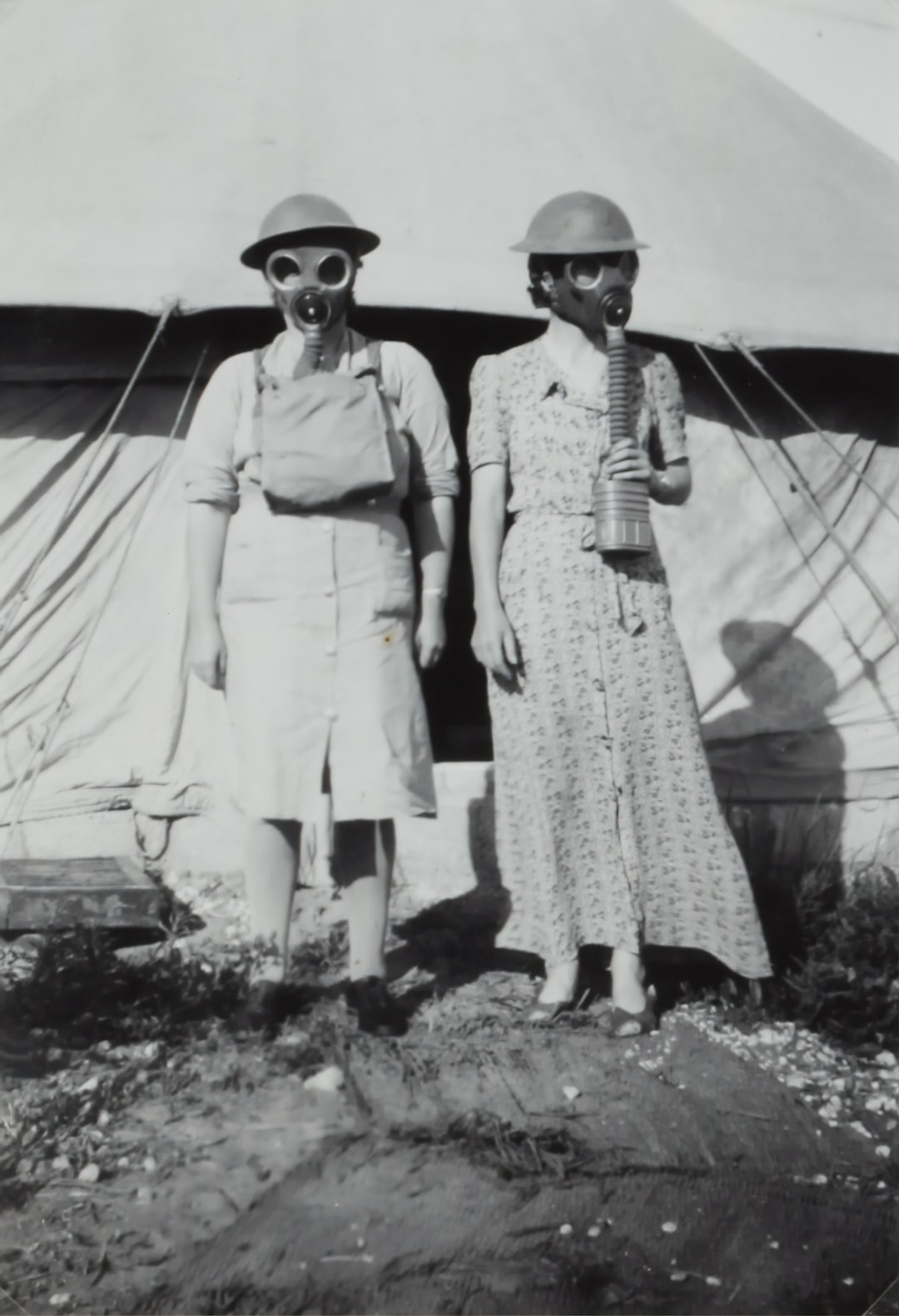 Nell Duncanson and Isabel Plante Wearing Gas Masks, Israel, World War II, 1939-1943