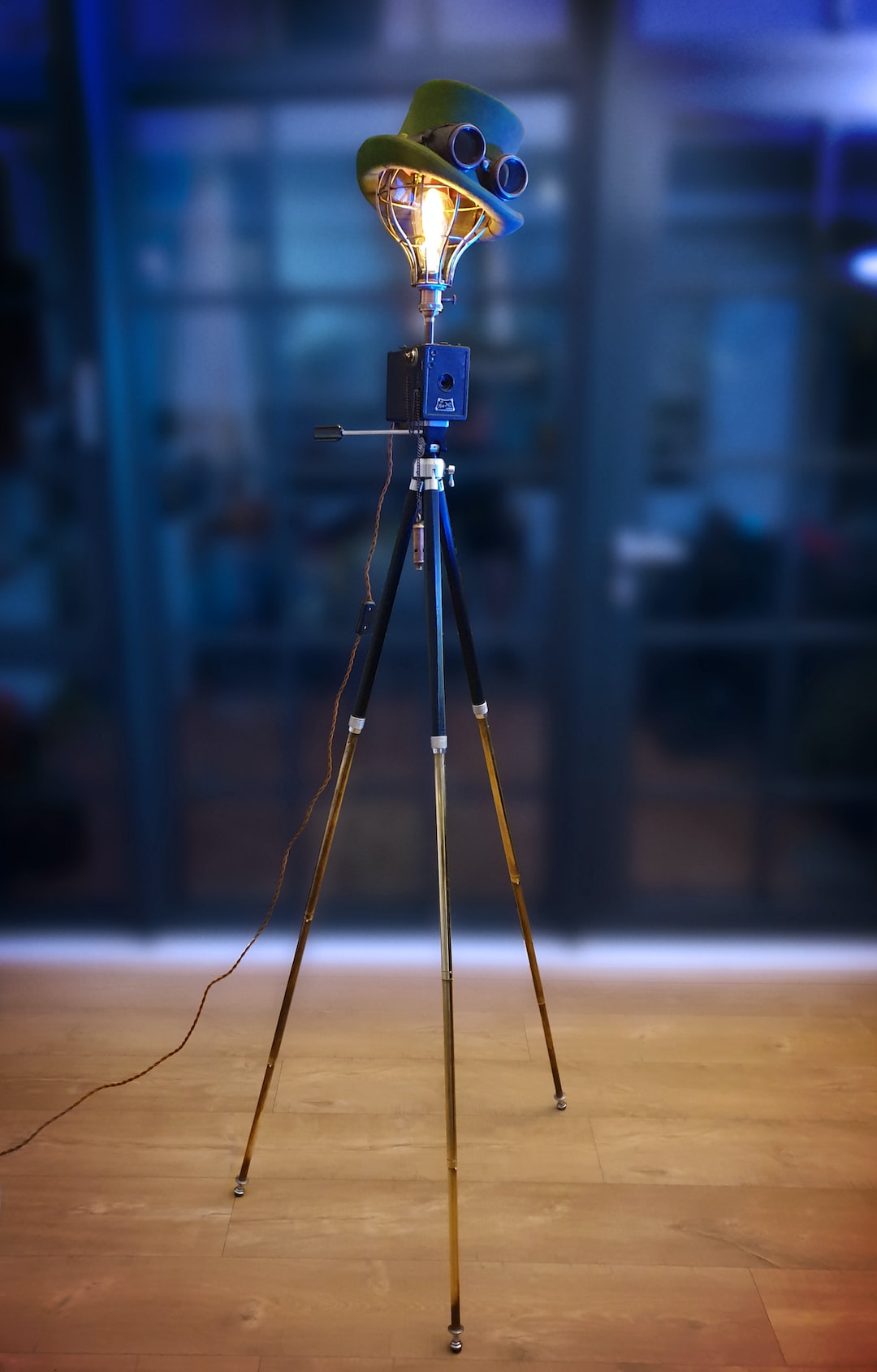 Vintage Upcycled Steampunk Camera Tripod Edison lamp