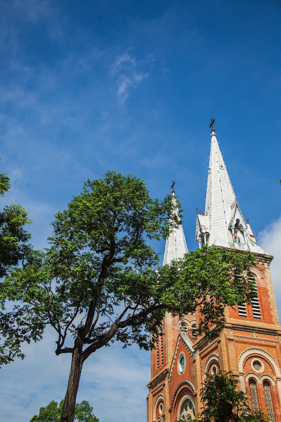 The Notre Dame De Saigon in the morning with the orange color blend with the blue color of the sky.