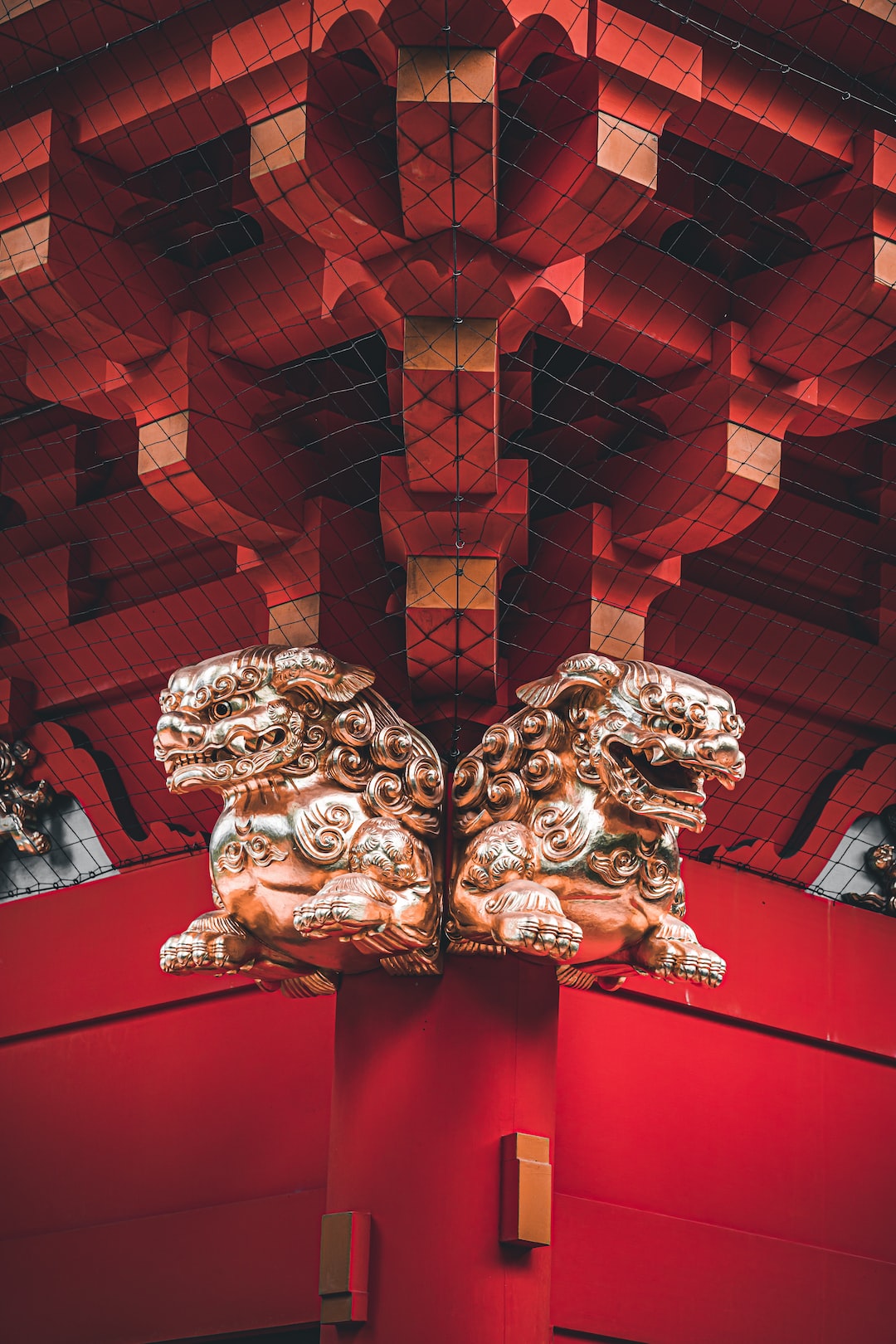 Japanese red shrine with Komainu.