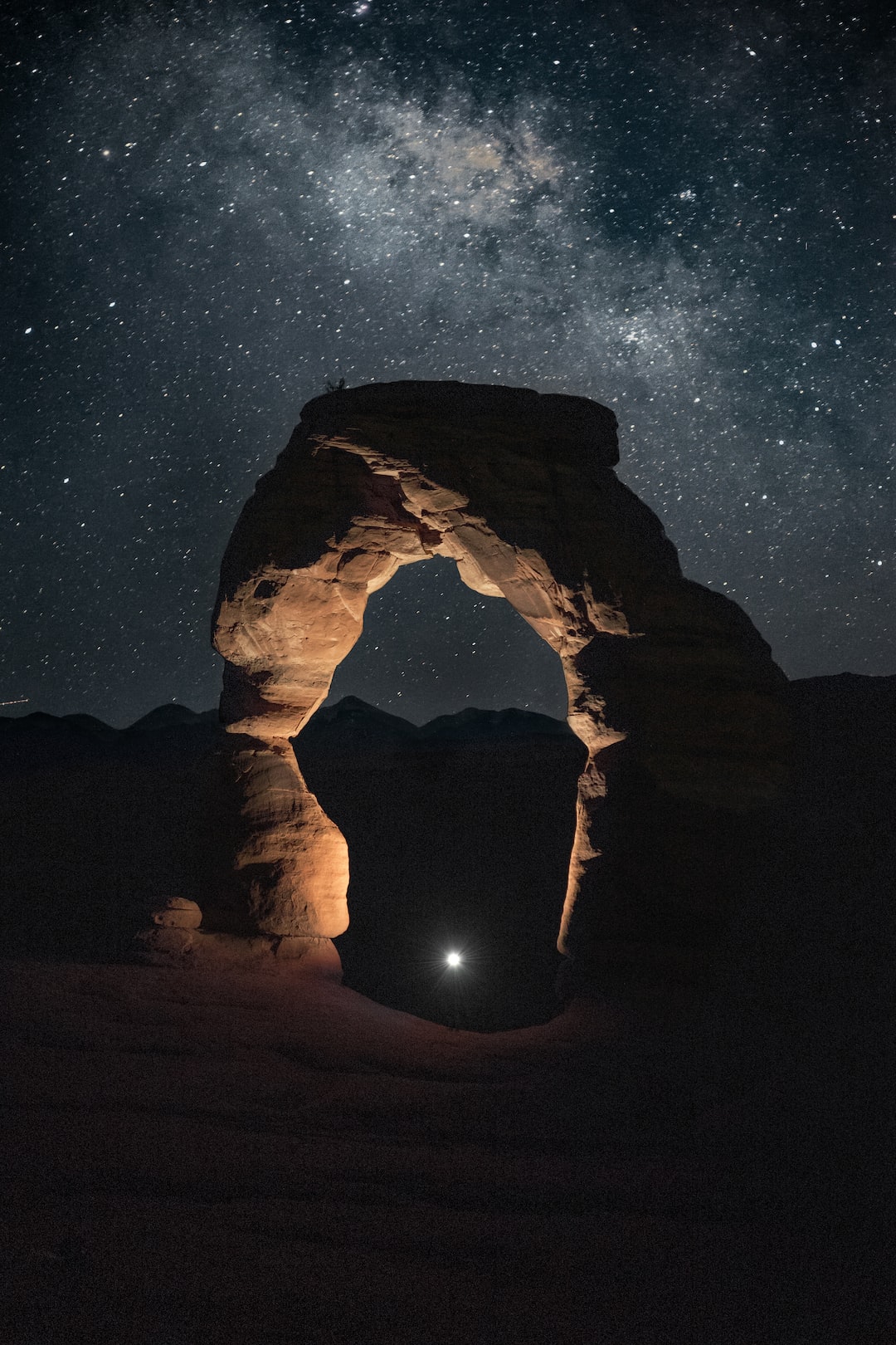 Night photo of delicate arch in Arches national Park, Utah.