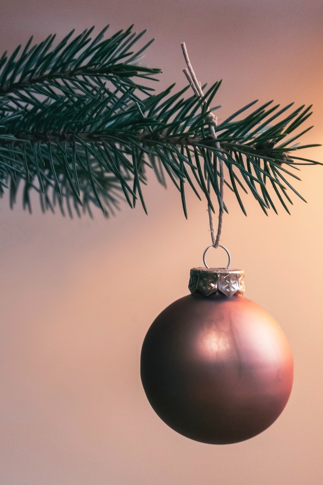 A copper Christmas decoration hanging in a tree with warm light in the background.