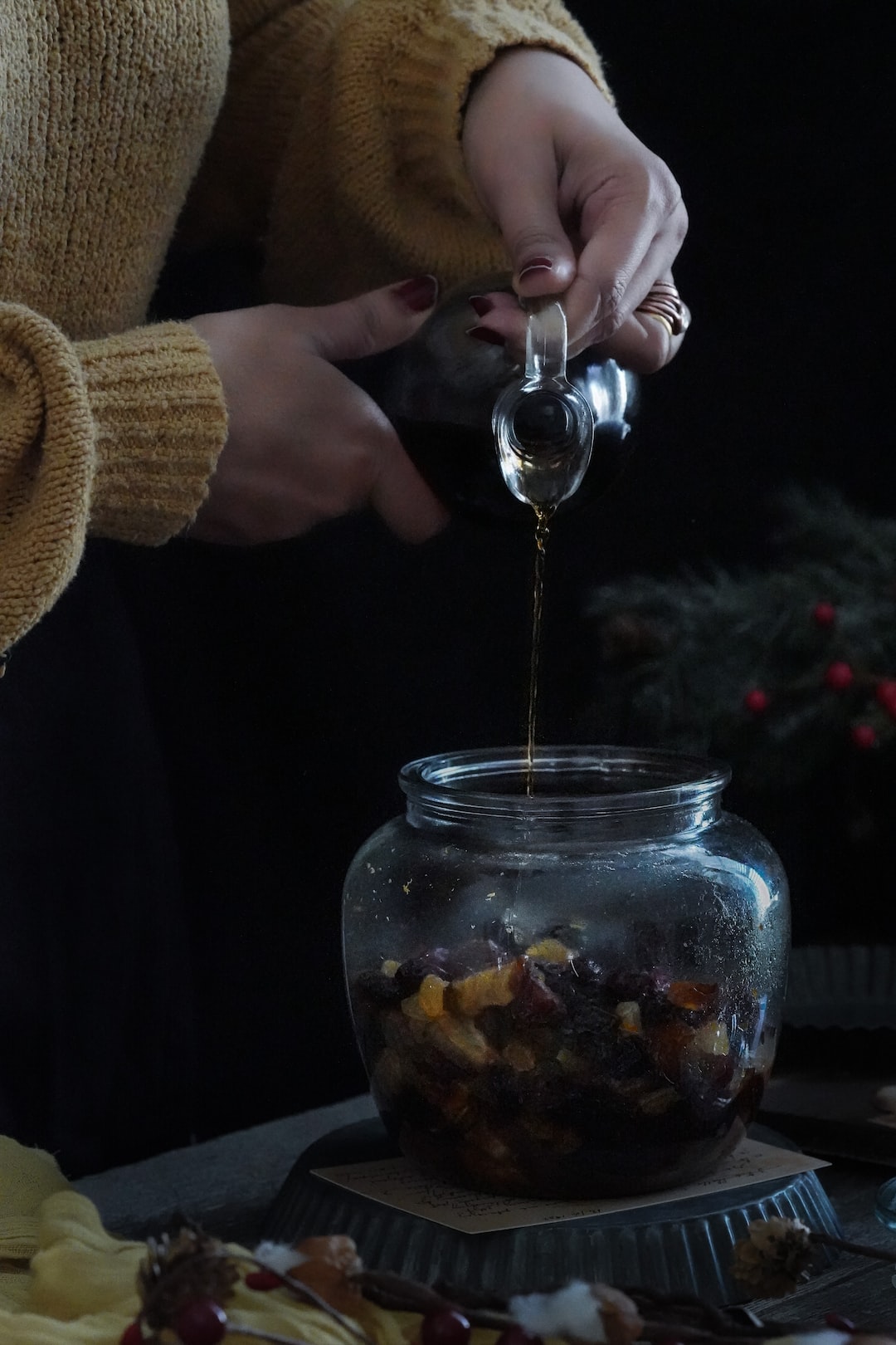 Fruits soaking in the Rum for Christmas cake 