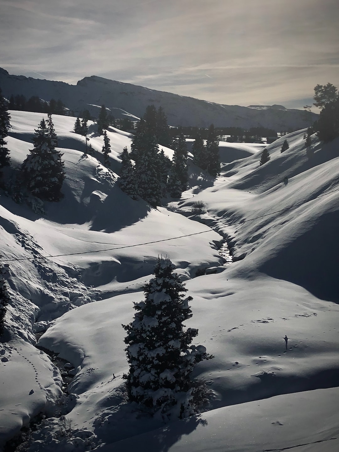 A great winter midday view over Europes greatest pasture, the Seiser Alm in this backlit shot. The little creek is called Fischbach. As kids we were swimming in it in our summer vacation.