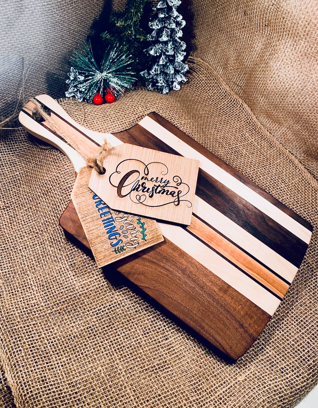 Cutting board and custom tags. Christmas gifts and seasonal decor