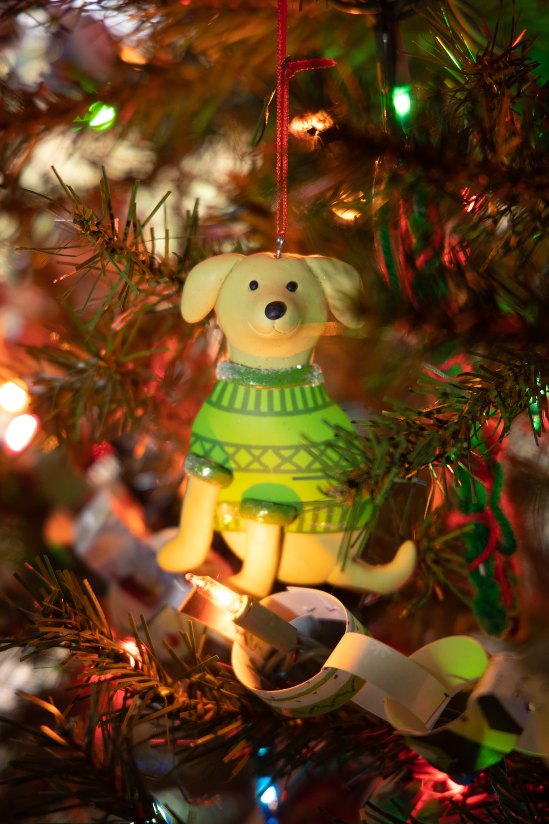 A dog ornament hangs from the Christmas tree. 