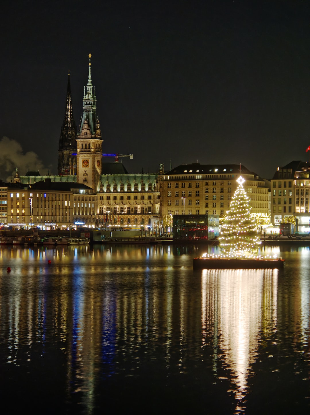 The Binnenalster in Hamburg at night with the illluminated christmas tree