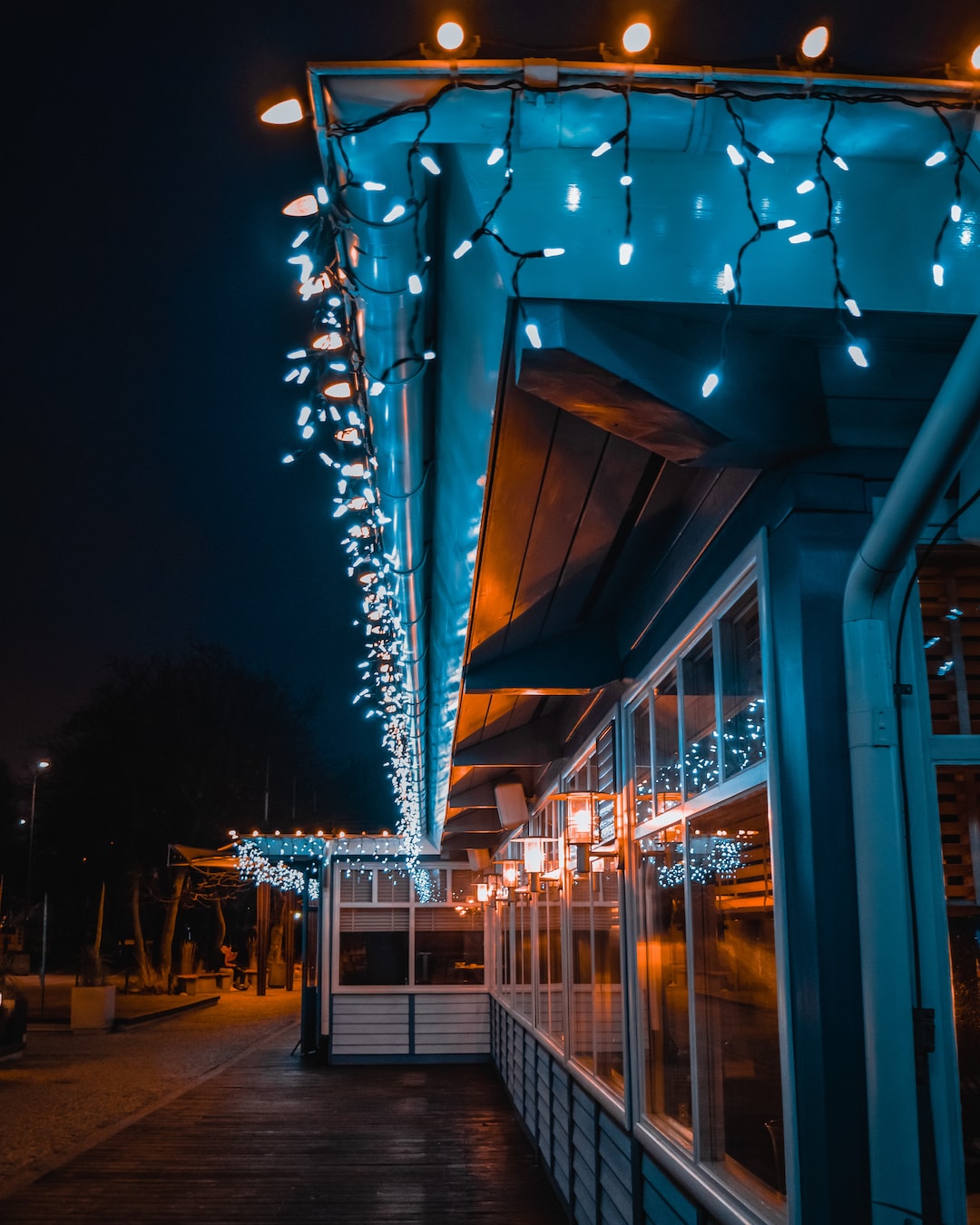 Christmas illumination on a building on a beach in Gdynia, Poland