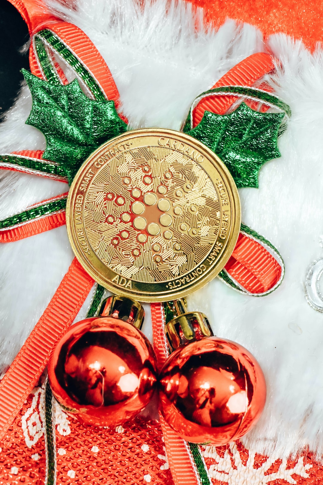 A gold ADA coin on top of a Christmas ribbon