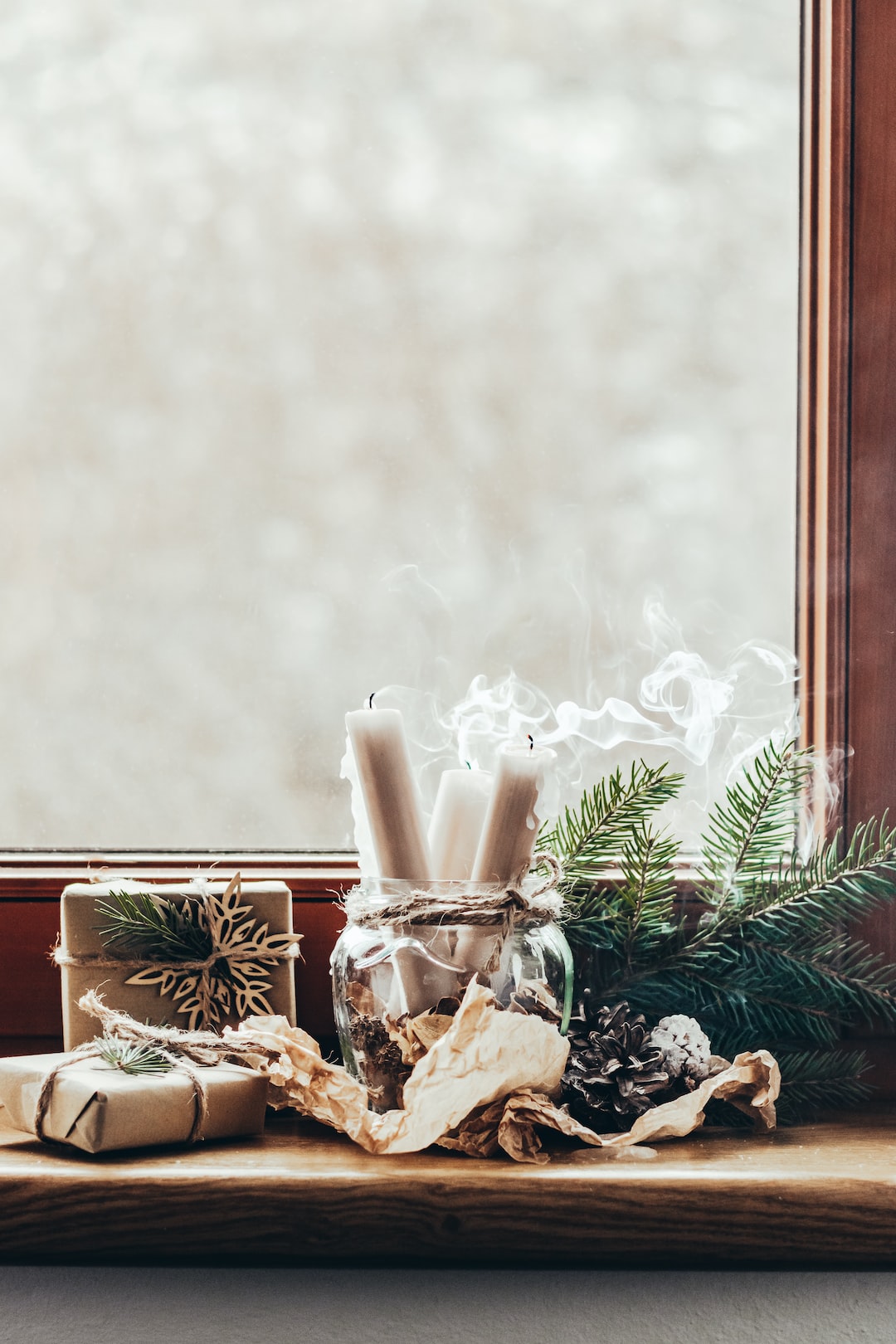 Christmas decoration, candles on the window