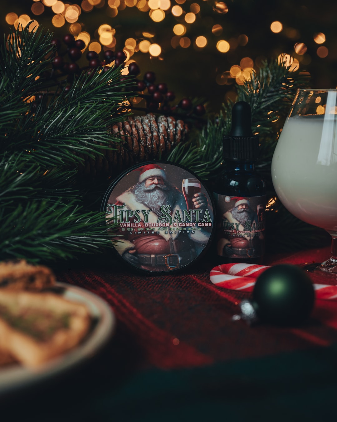 Christmas themed Product photo of Tipsy Santa Beard Balm and Beard Oil by Daily Grind Beard Co. Product Photography by Lance Reis.