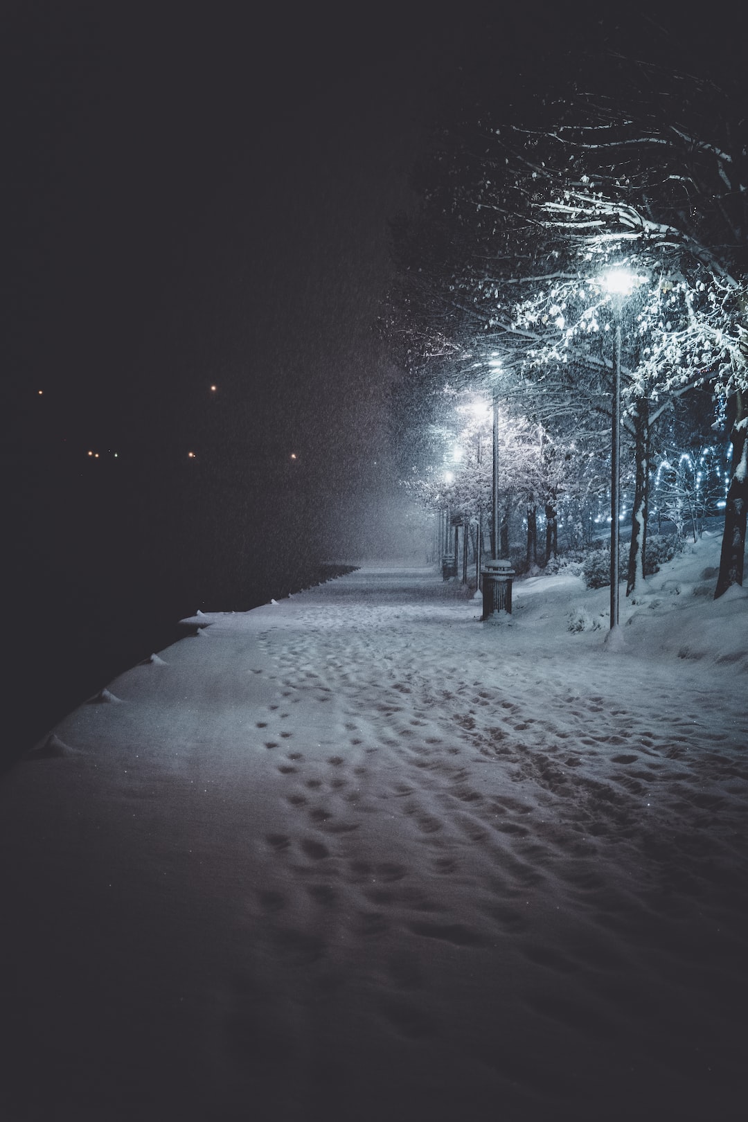 A snowy river walk in Pittsburgh, PA during a snowstorm