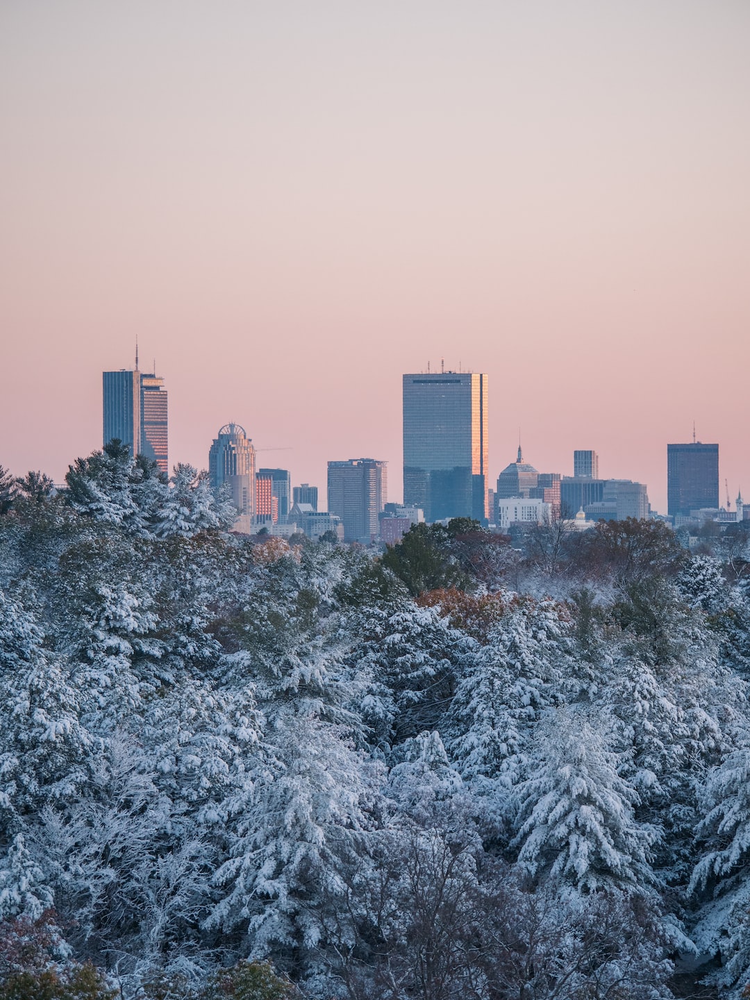 Early morning light shines off the skyline of Boston, MA the morning after the first snowfall of the year.  Taken from the top of Peter's Hill at the Arnold Arboretum.  