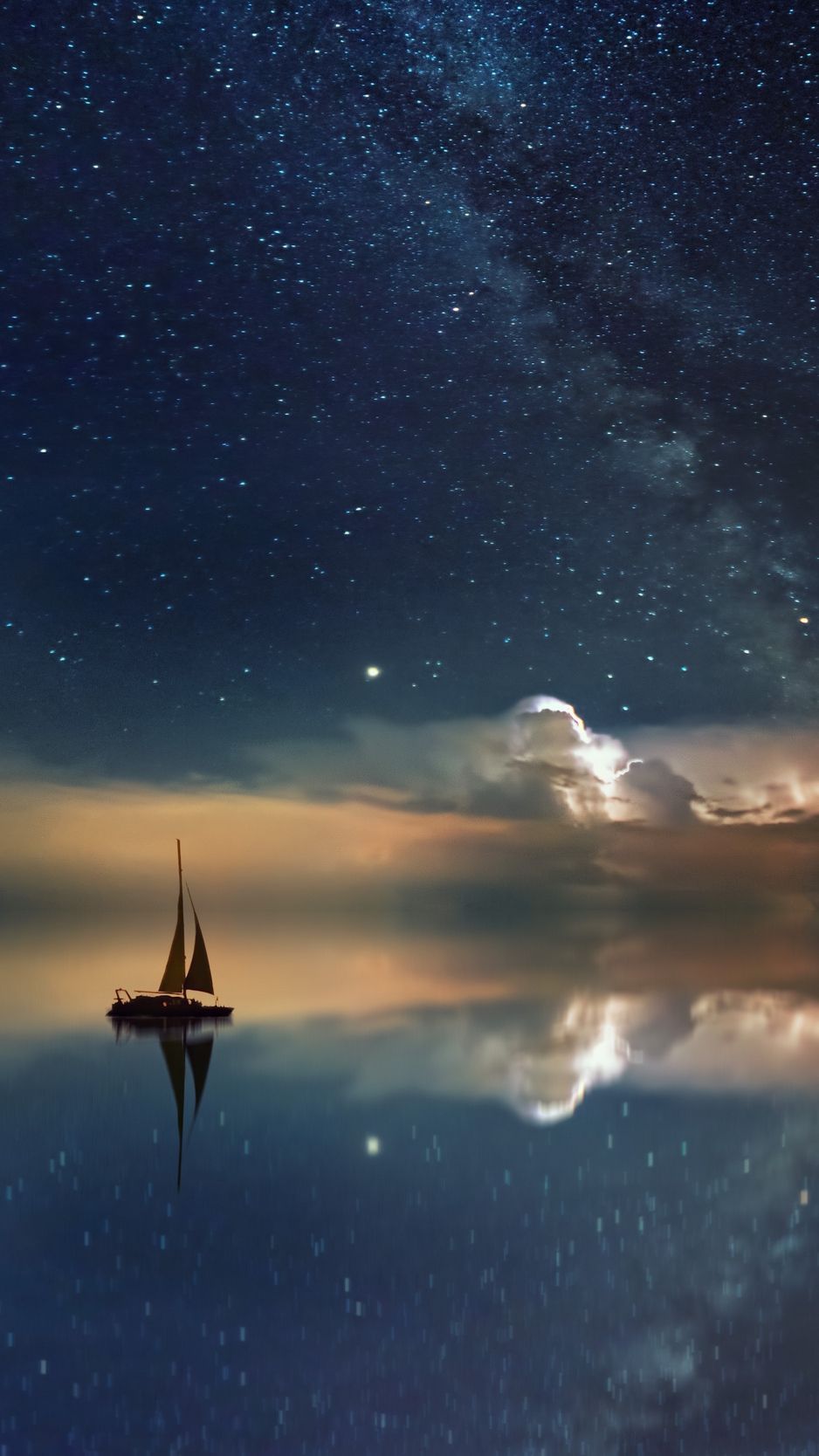 Starry sky boat reflection sail night wallpaper