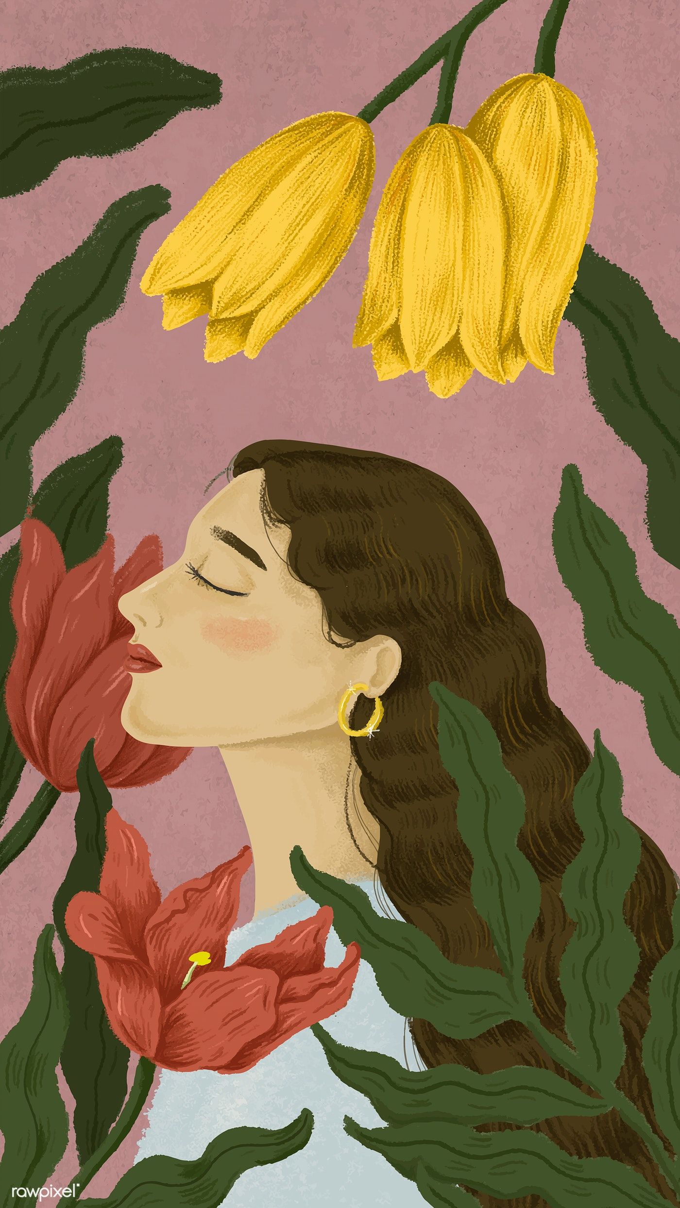 Download premium vector of Beautiful woman surrounded by nature illustration by Noon about woman art green background yellow wallpaper and mexican art 1220711