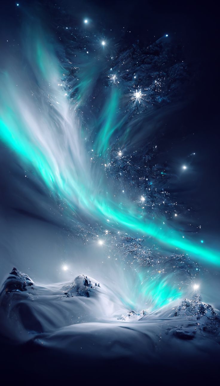 Northern lights on a snowy mountains
