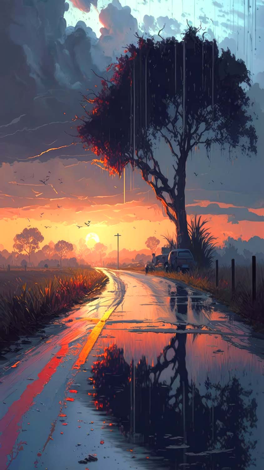 Sunset Rain Road Reflection
