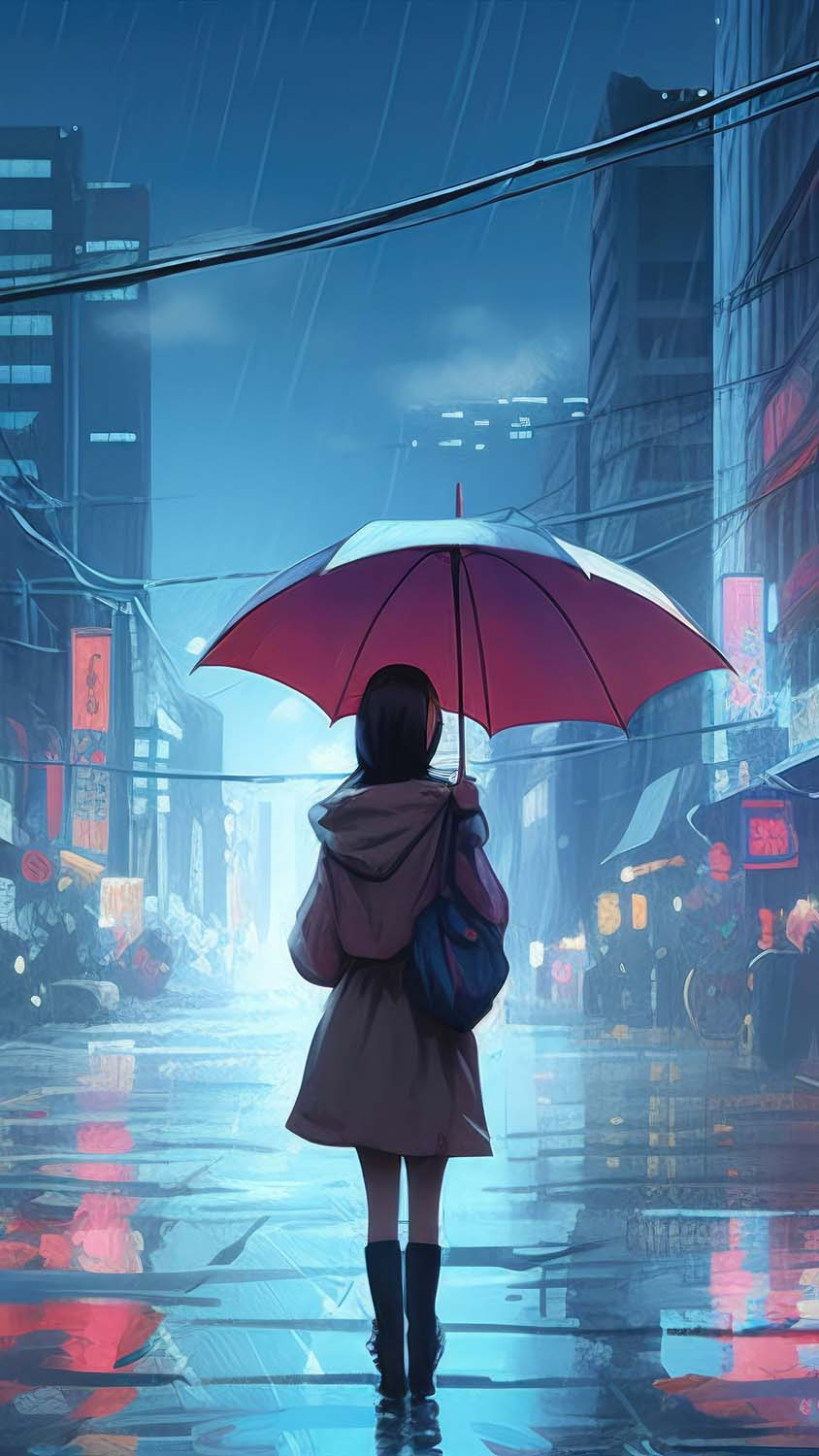 Anime Girl Walking In Rain Umbrella