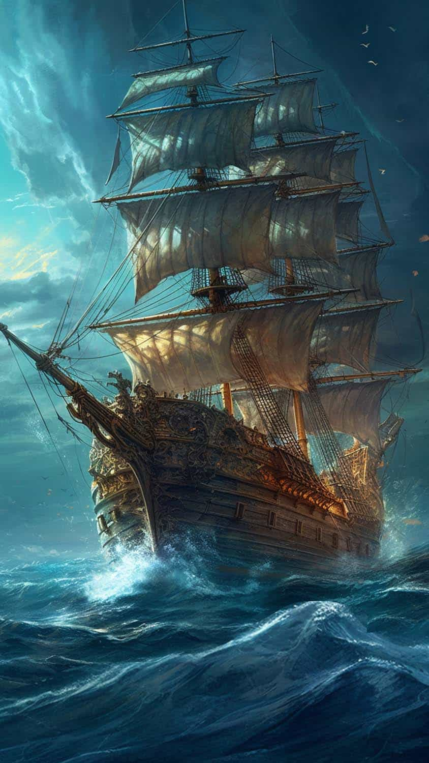 pirate ship at sundown 2K wallpaper download