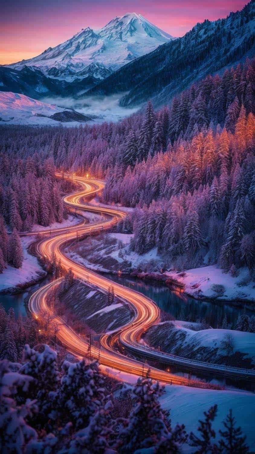 Winter Mountain Road Long Exposure Lights iPhone Wallpaper  iPhone Wallpapers