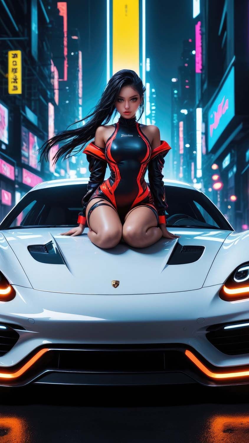 Futuristic girl cyberpunk neon lights street sitting on porsche iPhone Wallpaper