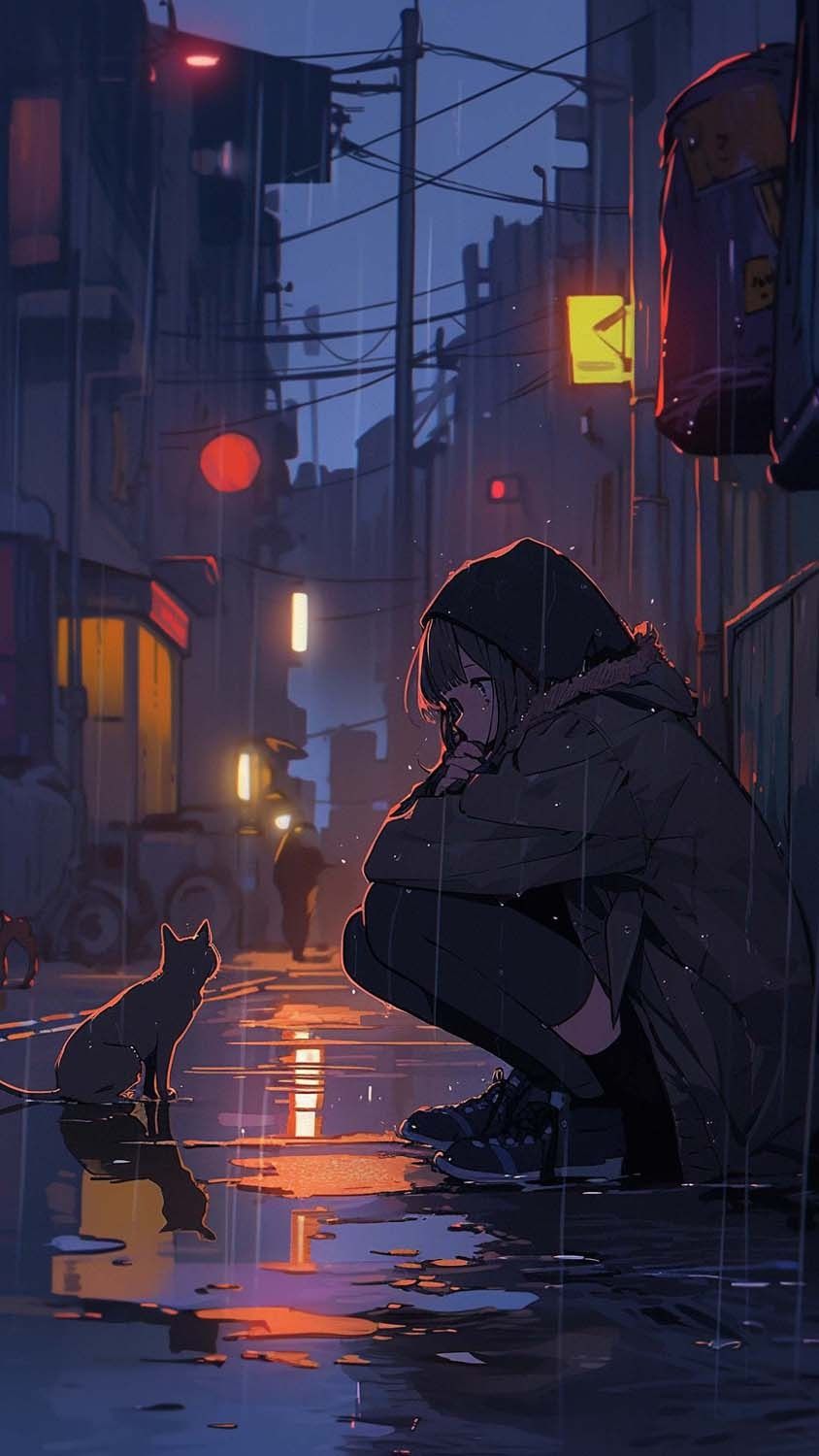 Alone Girl with Cat iPhone Wallpaper HD