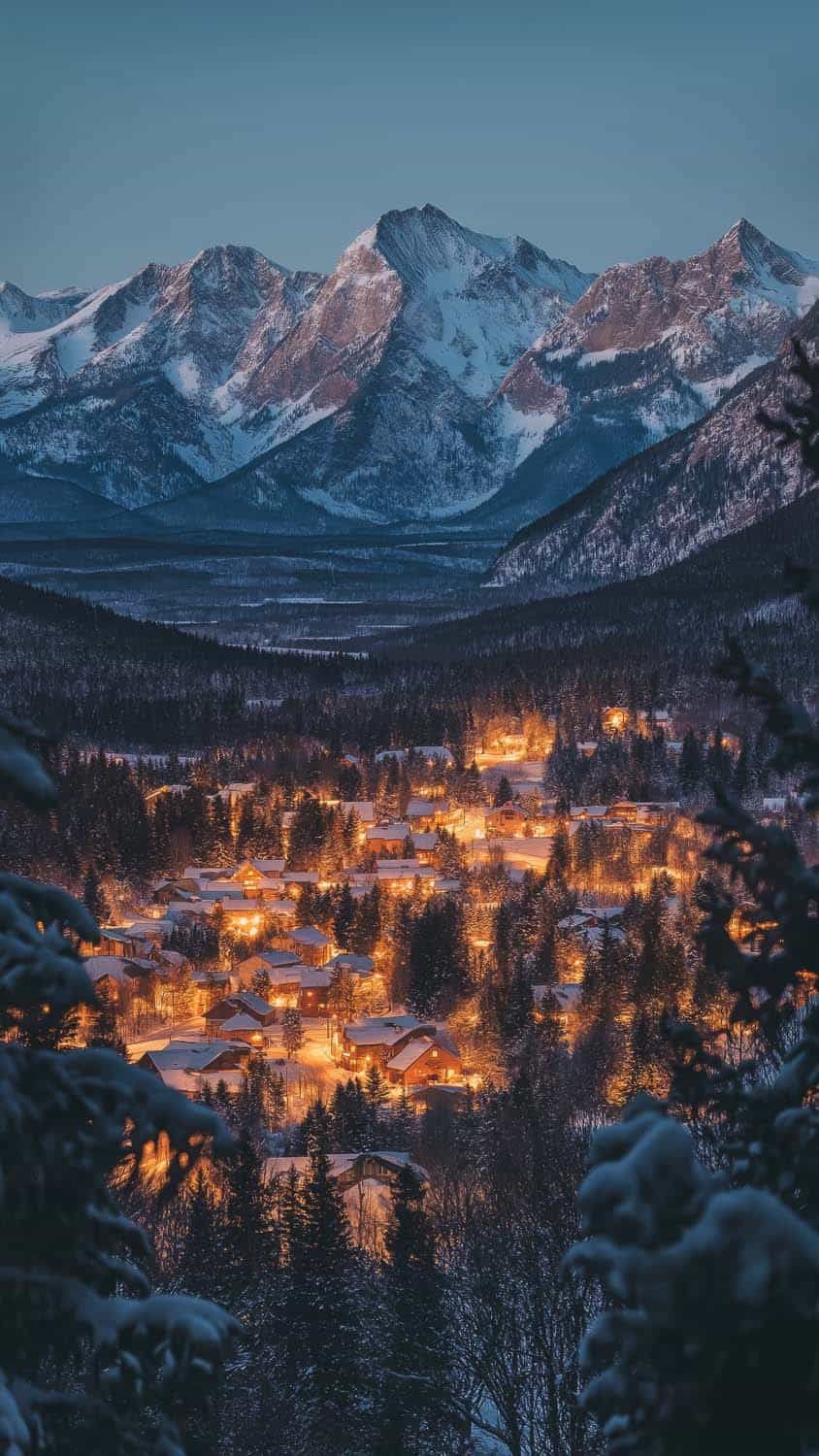 Mountains Valley Village Christmas Wallpaper