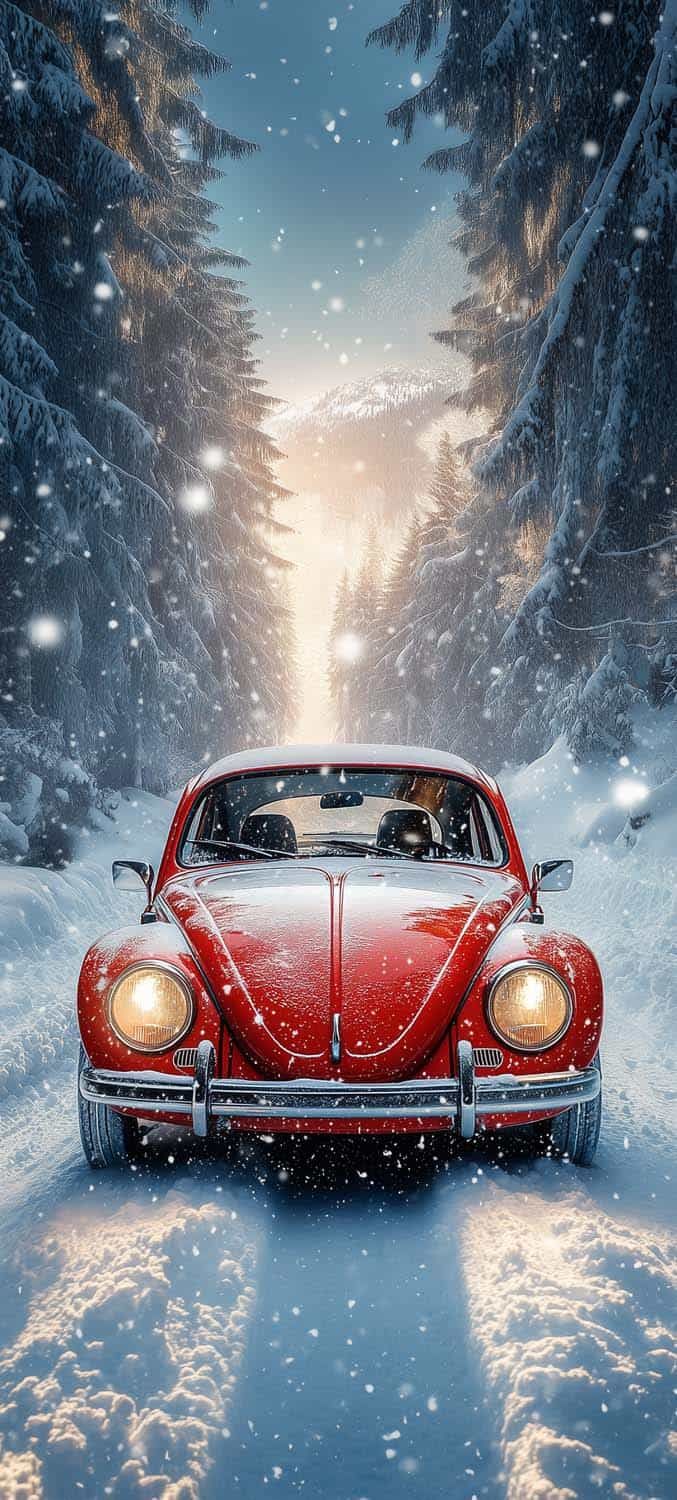 Volkswagen Beetle Classic in Snow iPhone Wallpaper