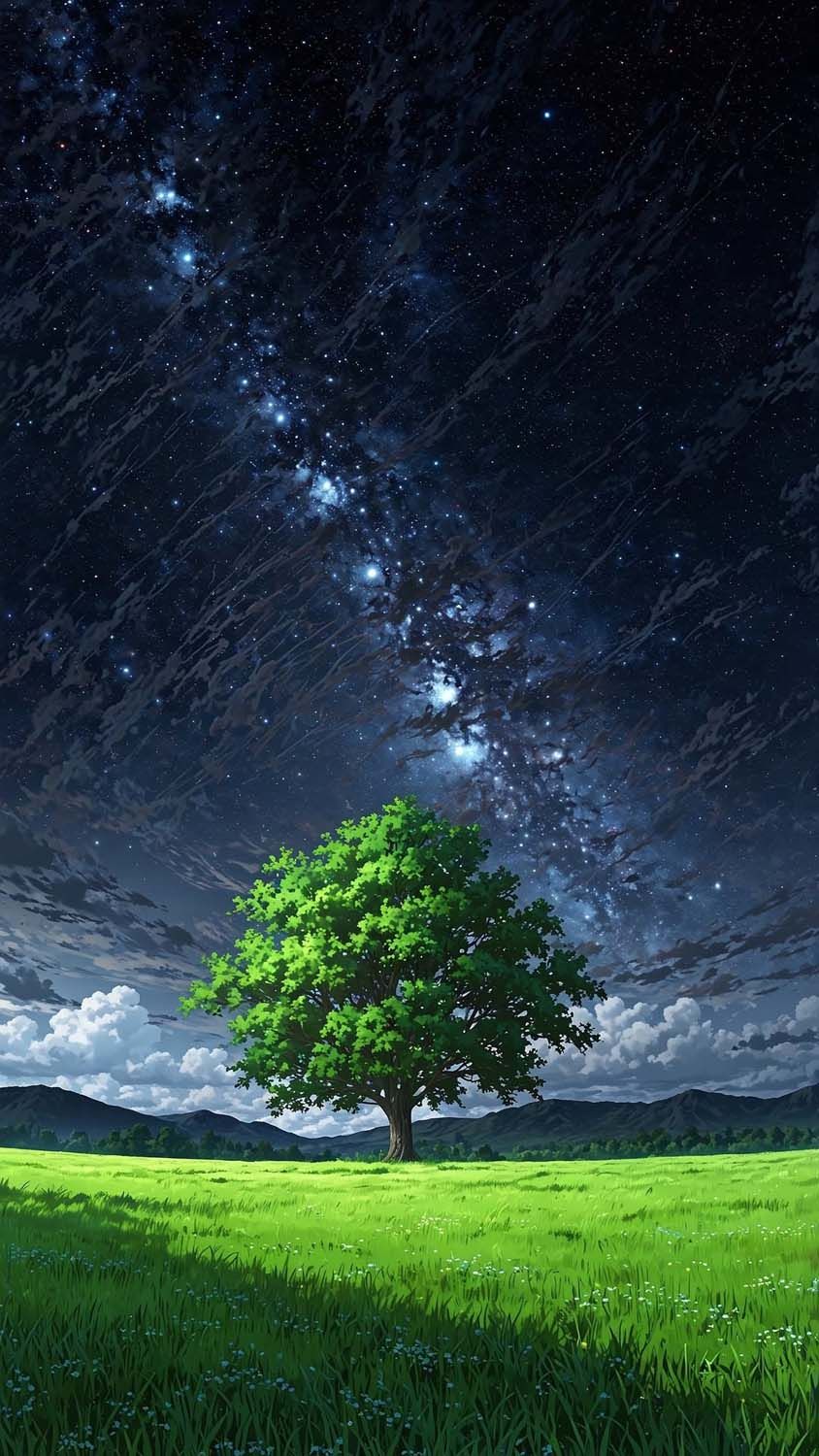 Green Meadow Starry Night iPhone Wallpaper