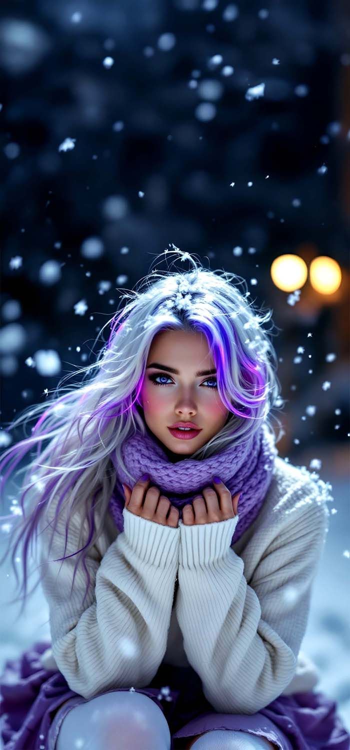 Girl in Snow Purple Hairs iPhone Wallpaper