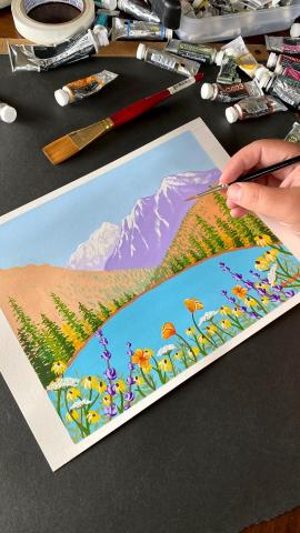 Painting a Mountain Landscape with Wildflowers