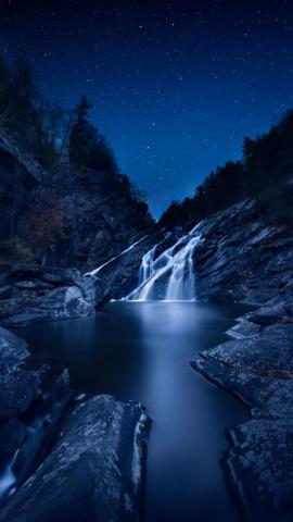 Waterfall, starry sky, night, current, stones, 720x1280 wallpaper