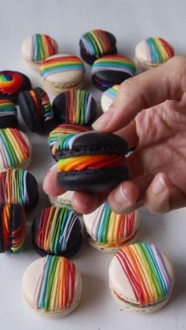 Black and White Macarons with Rainbow Drizzle