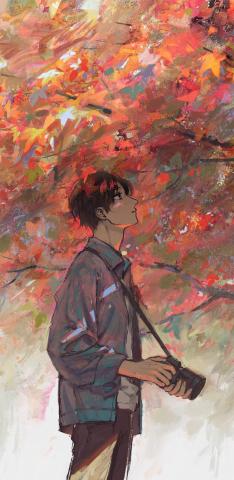 Anime boy, autumn, tree, artwork, 1440x2960 wallpaper