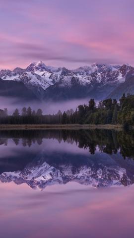 Download wallpapers Lake Matheson, morning, sunrise, mountain lake, forest, mountain landscape, Southern Alps, New Zealand for desktop with resolution 750x1334. High Quality HD pictures wallpapers