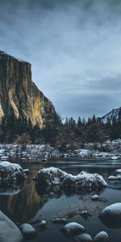 National Park, Yosemite Valley, river, mountains, stones, 1440x2880 wallpaper