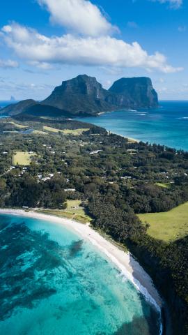 A beautiful, sunny day over Lord Howe Island, showing its two beachesNed's Beach and Lagoon beach