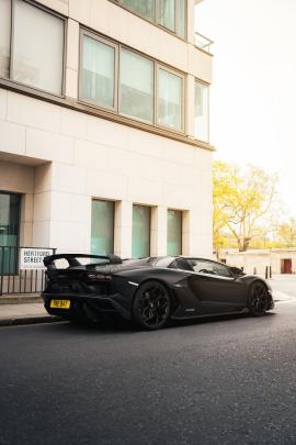 Matte black Lamborghini Aventador SVJ in London.