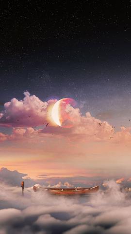 Surrealism, boat, clouds, lonely, man, starry sky wallpaper