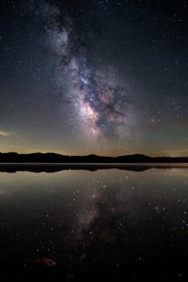 Clear milky way with water surface reflection. Shot at Indian Lake, NY.                                 繁星璀璨妆满天 银河浩瀚把镜填